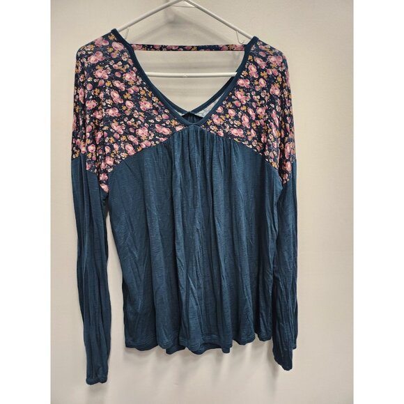 Maurices Womens Top Large Teal Floral Yoke Slub Knit Long Sleeve BOHO Festival - Picture 7 of 8